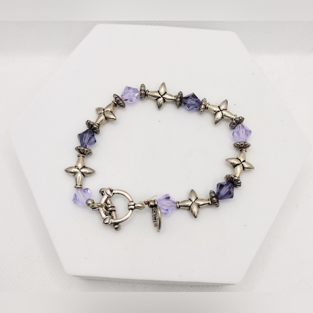 Fashion Purple Beaded with Silver Flower Beads Bracelet